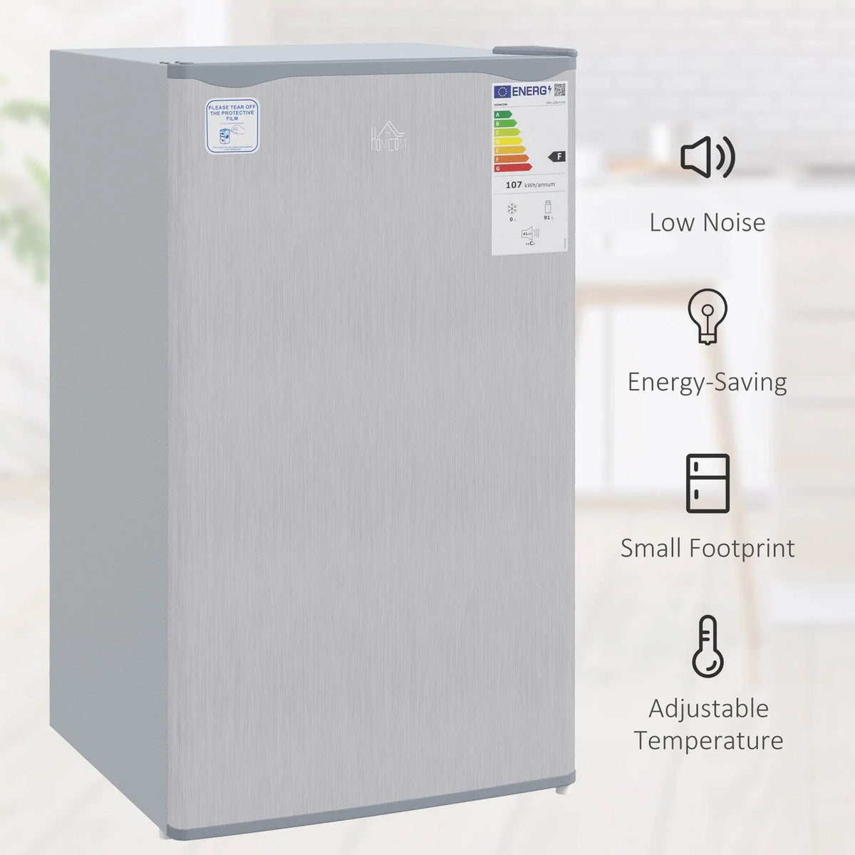 Gray under-counter refrigerator front view with energy-saving and adjustable temperature icons
