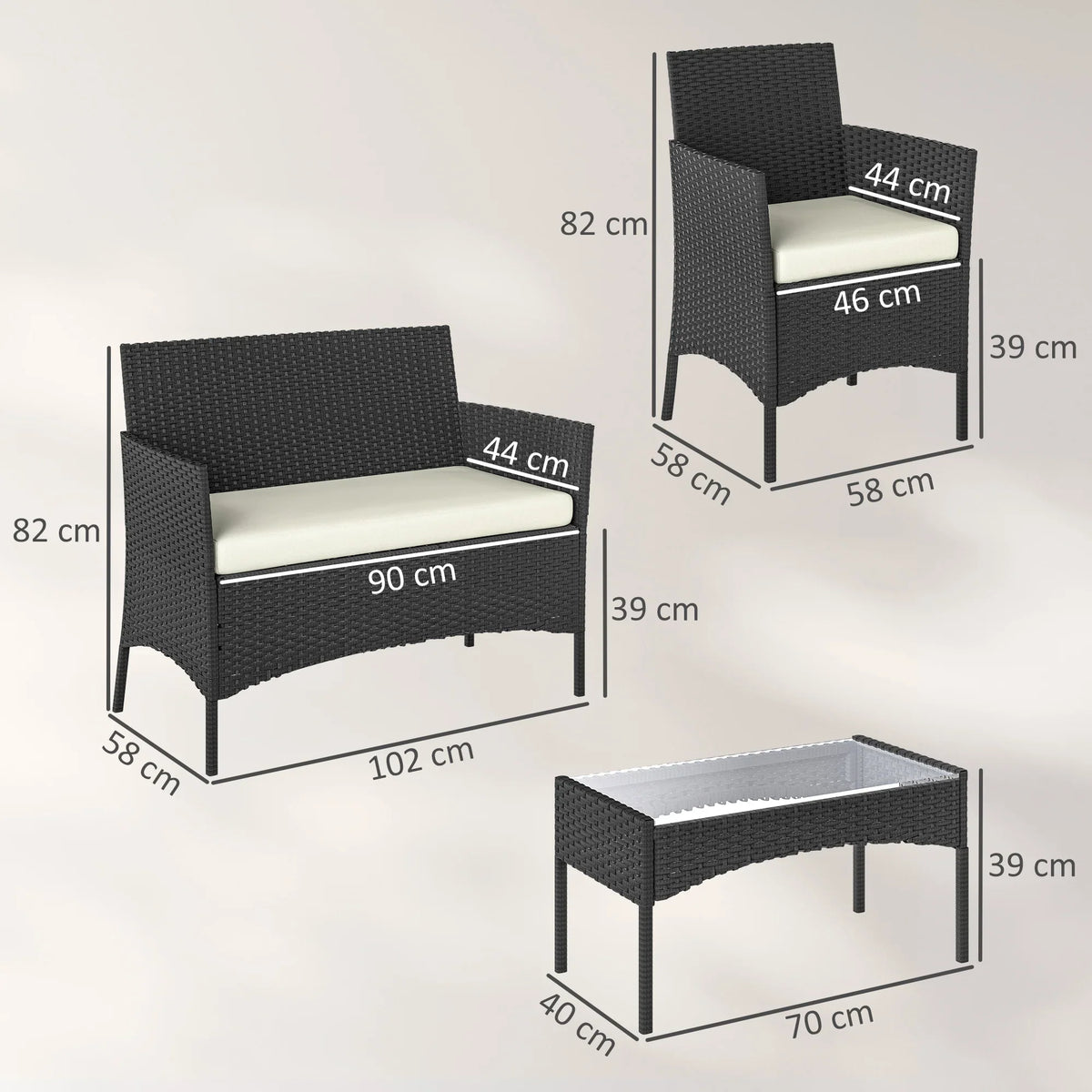 Rattan patio furniture set showing armchair, loveseat, and glass coffee table dimensions