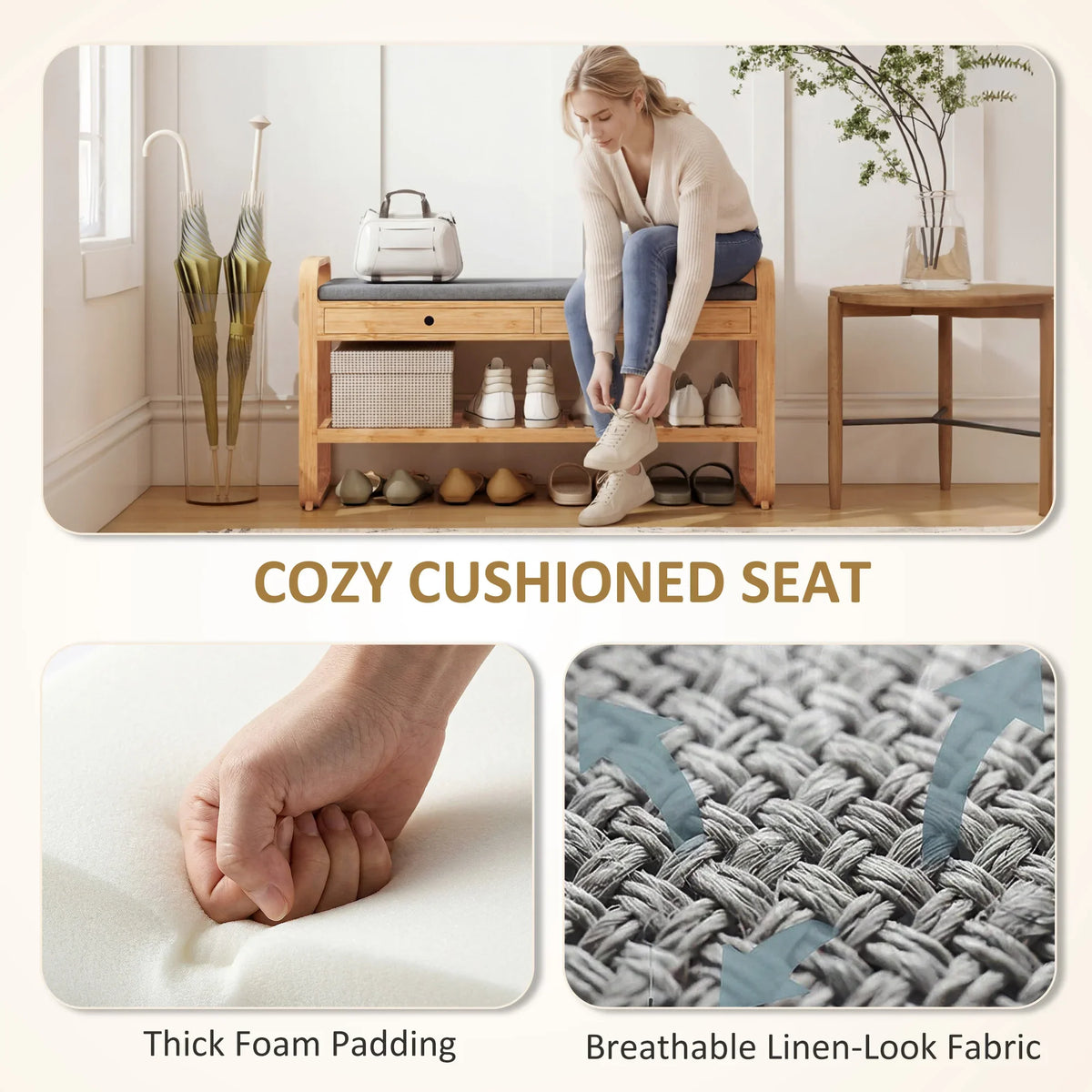 Shoe bench with dark cushioned seat and linen-look fabric over thick foam padding