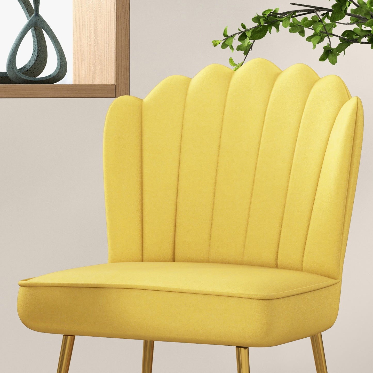 Set Of 2 Velvet-Feel Shell Accent Chairs In Yellow With Gold-Tone Legs For Living Room Decor