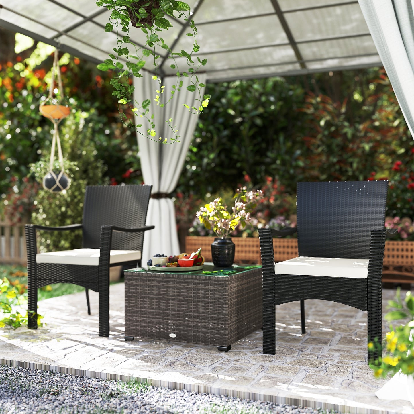 Outsunny 62 X 62 Cm Glass Top Rattan Side Table Dark Grey For Garden Patio And Outdoor Living