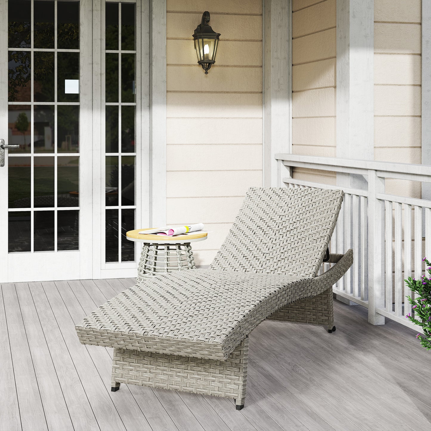Outsunny Outdoor PE Rattan Sun Lounger Folding Wicker Recliner Four Level Adjustable Backrest With Wheels Grey