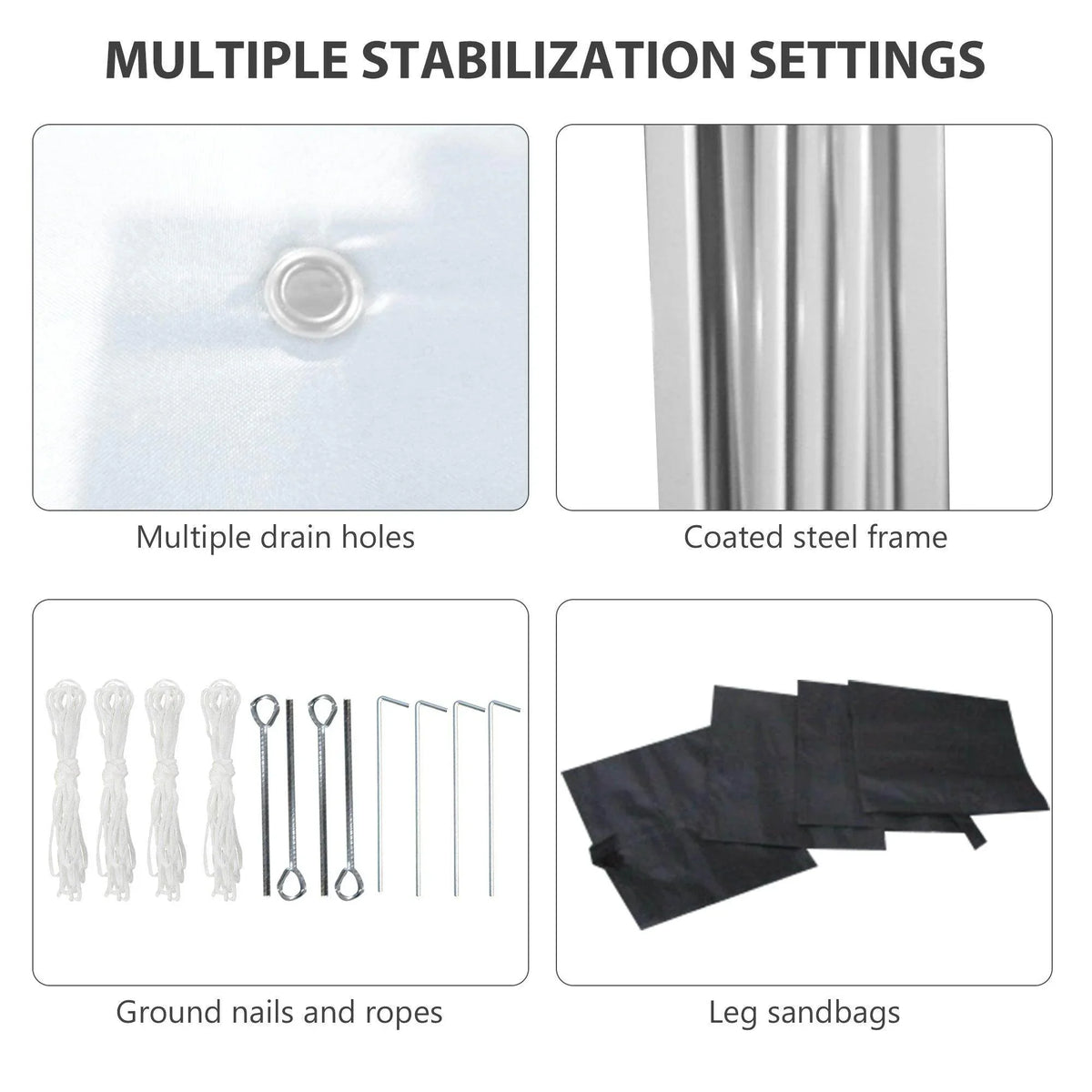 Pop-up gazebo components: drain holes, coated steel frame, ground nails and ropes, leg sandbags.