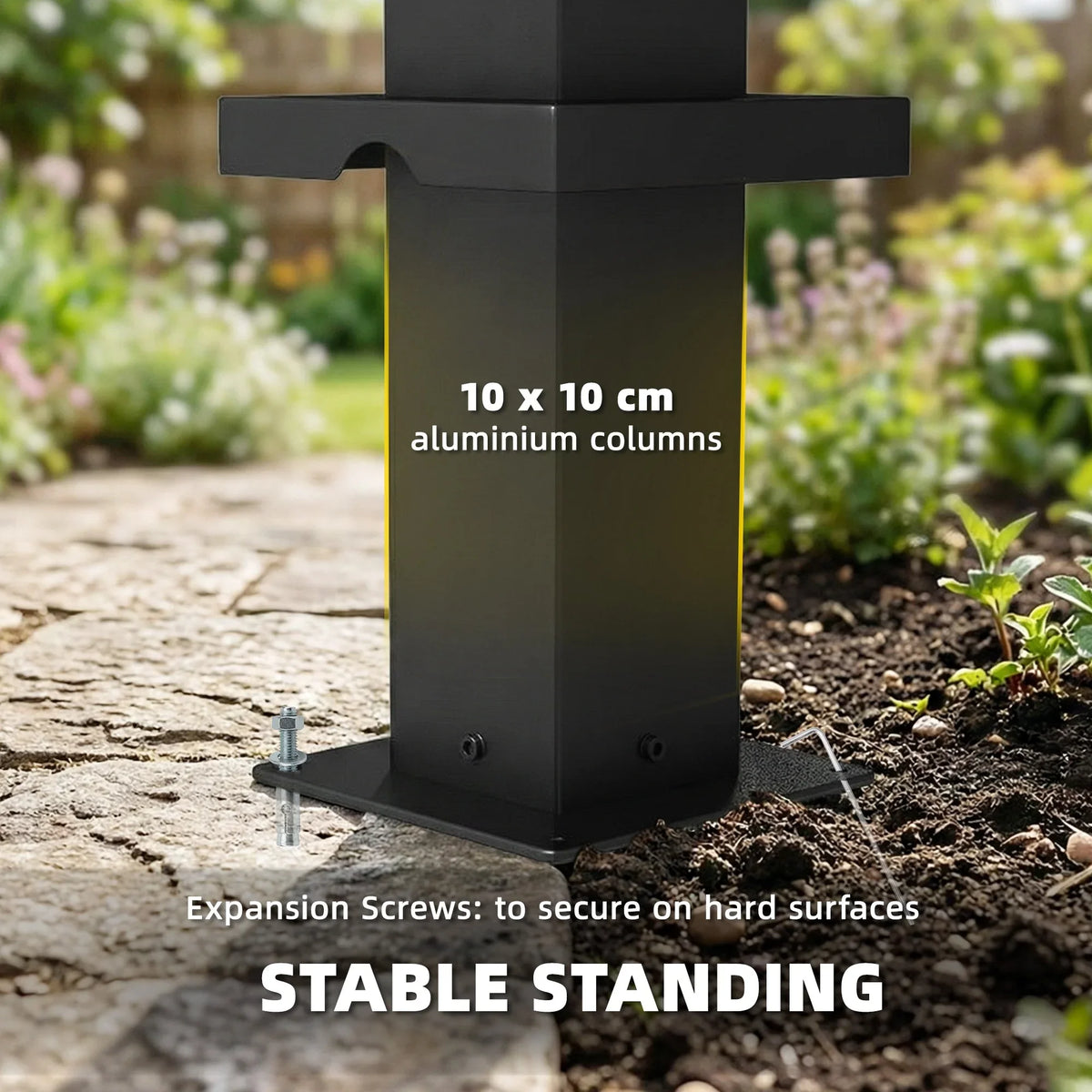 Dark grey aluminum gazebo column base with expansion screws for hard surfaces