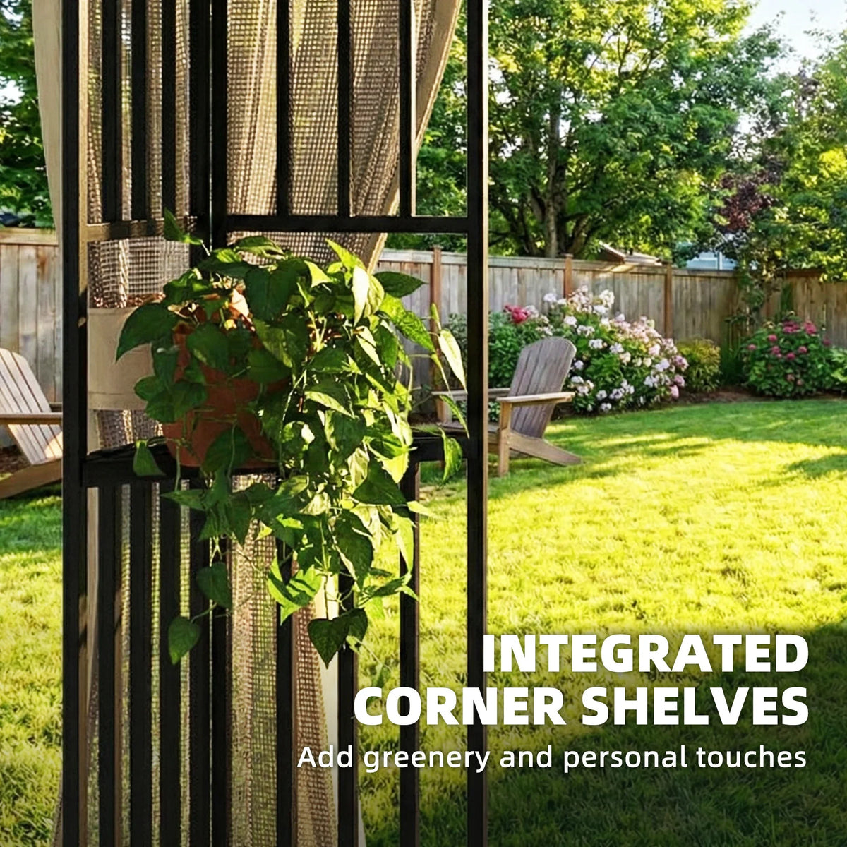 Khaki gazebo with integrated corner shelves and hanging curtain panels in yard