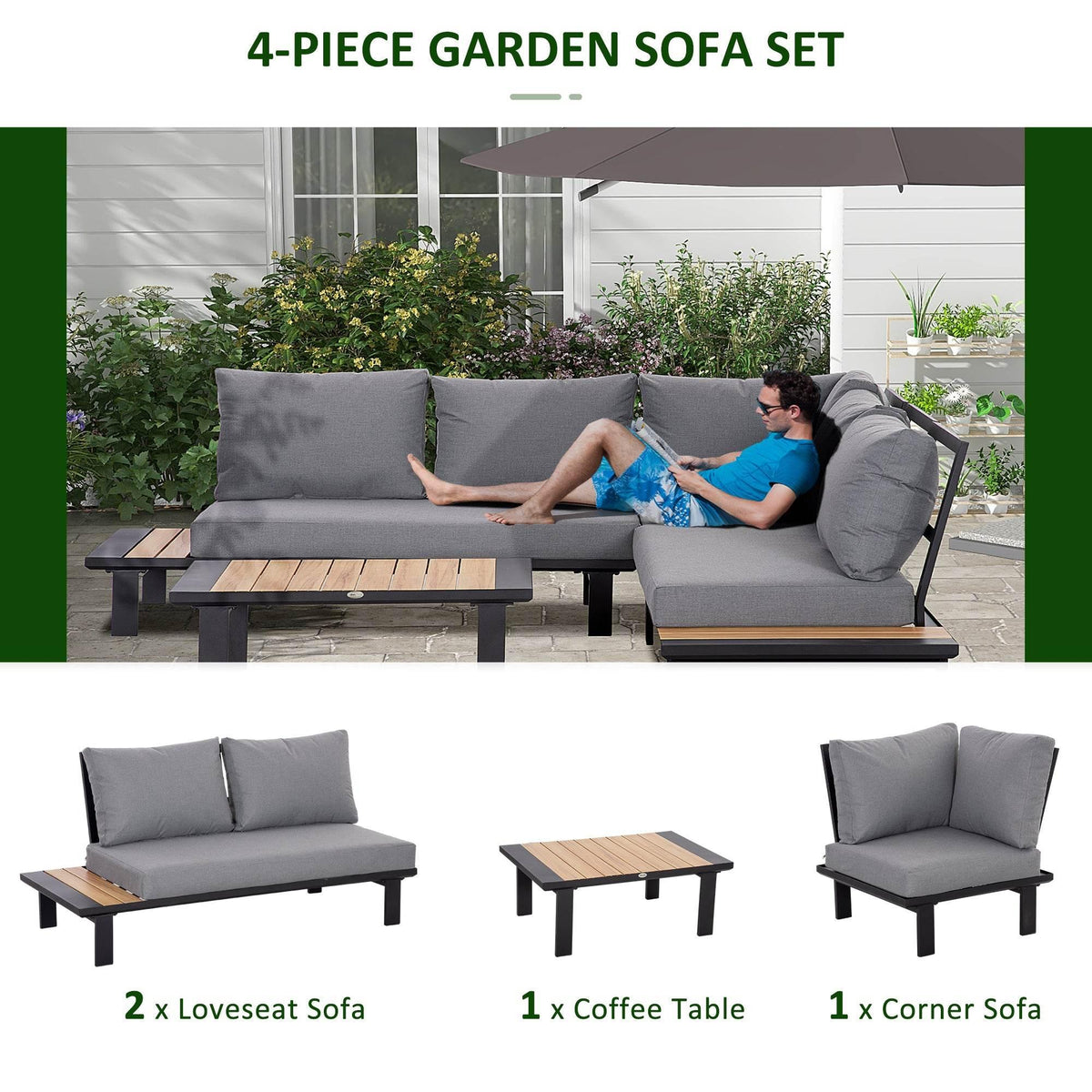 4-piece dark grey garden sofa set with corner sofa and wooden coffee table