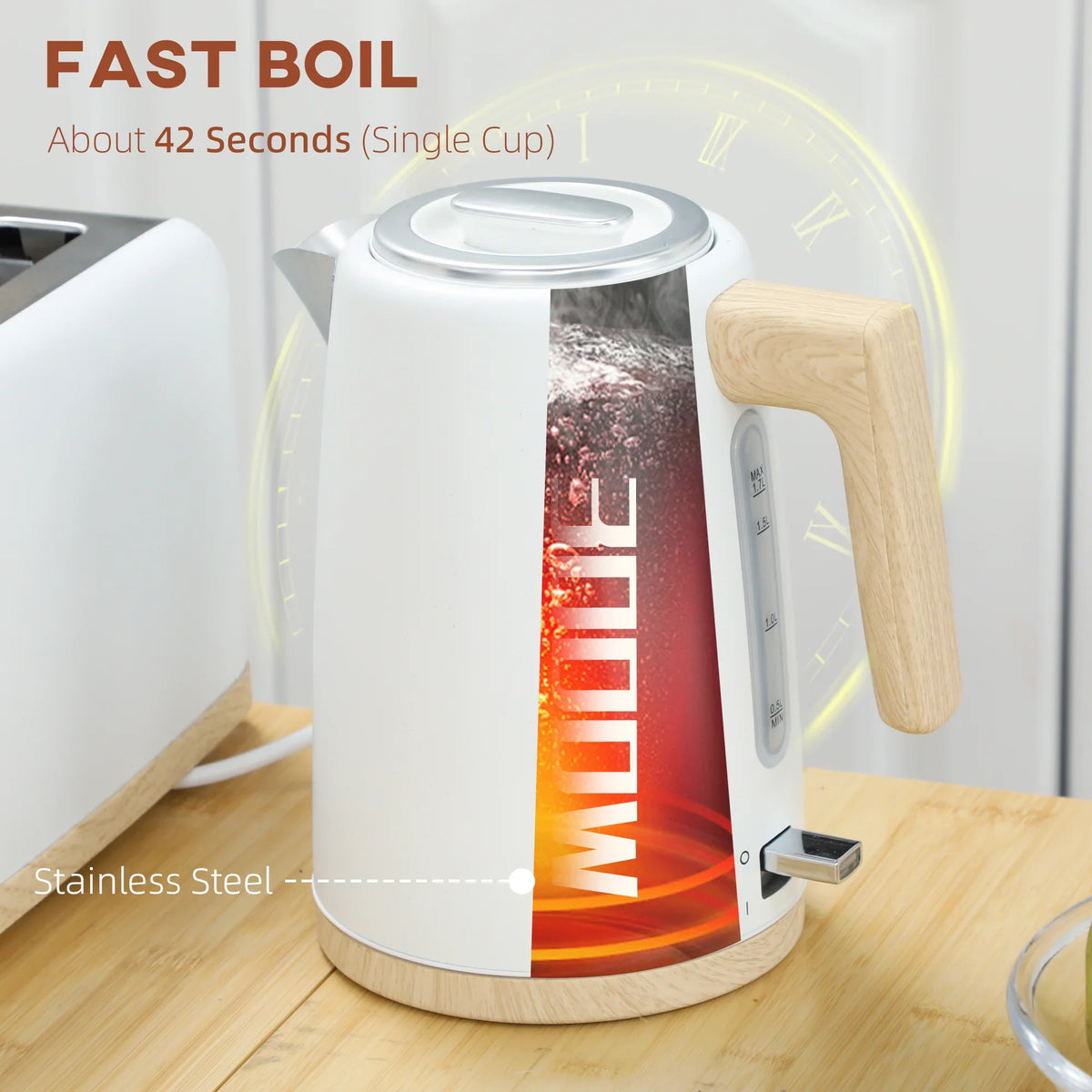White electric kettle with wood handle and visible heating glow, on a wooden countertop
