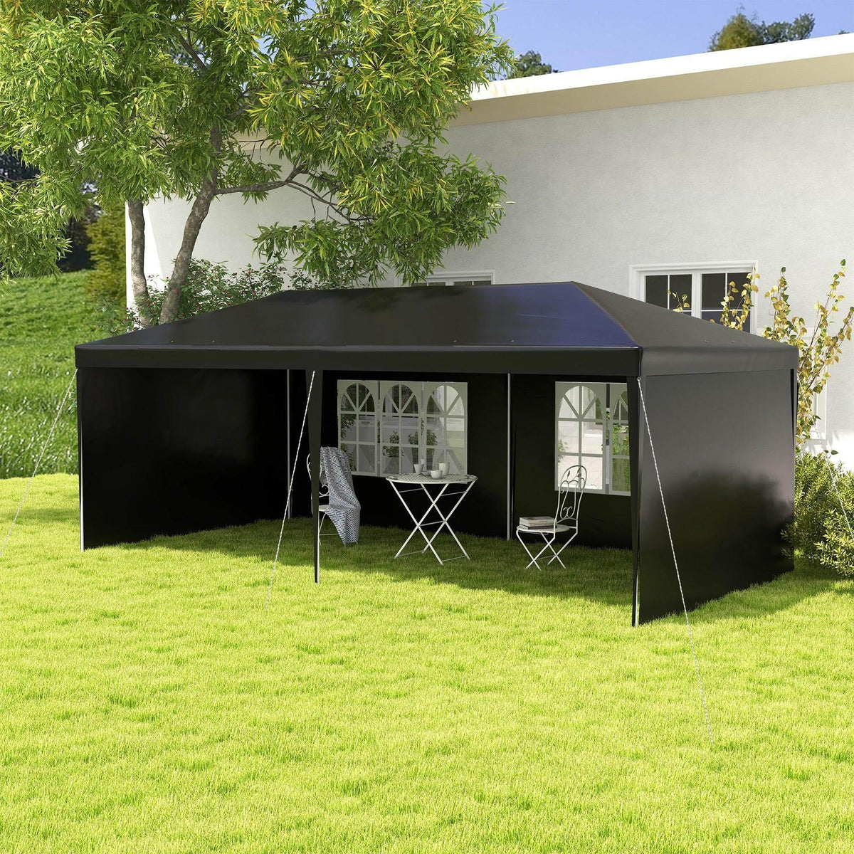 Black garden gazebo marquee tent with peaked roof, clear window panels, open front and side walls