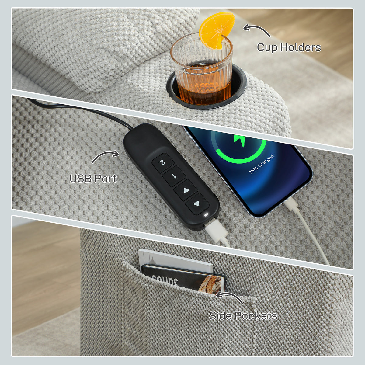 Grey recliner armrest with cup holder, USB port, and side storage pockets