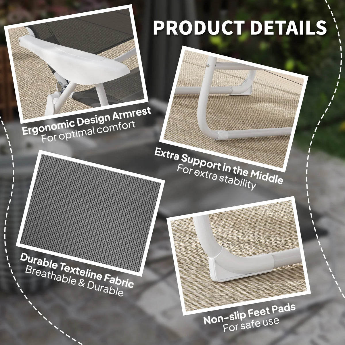 Foldable lounge chair details: charcoal sling fabric, white frame, non-slip feet pads