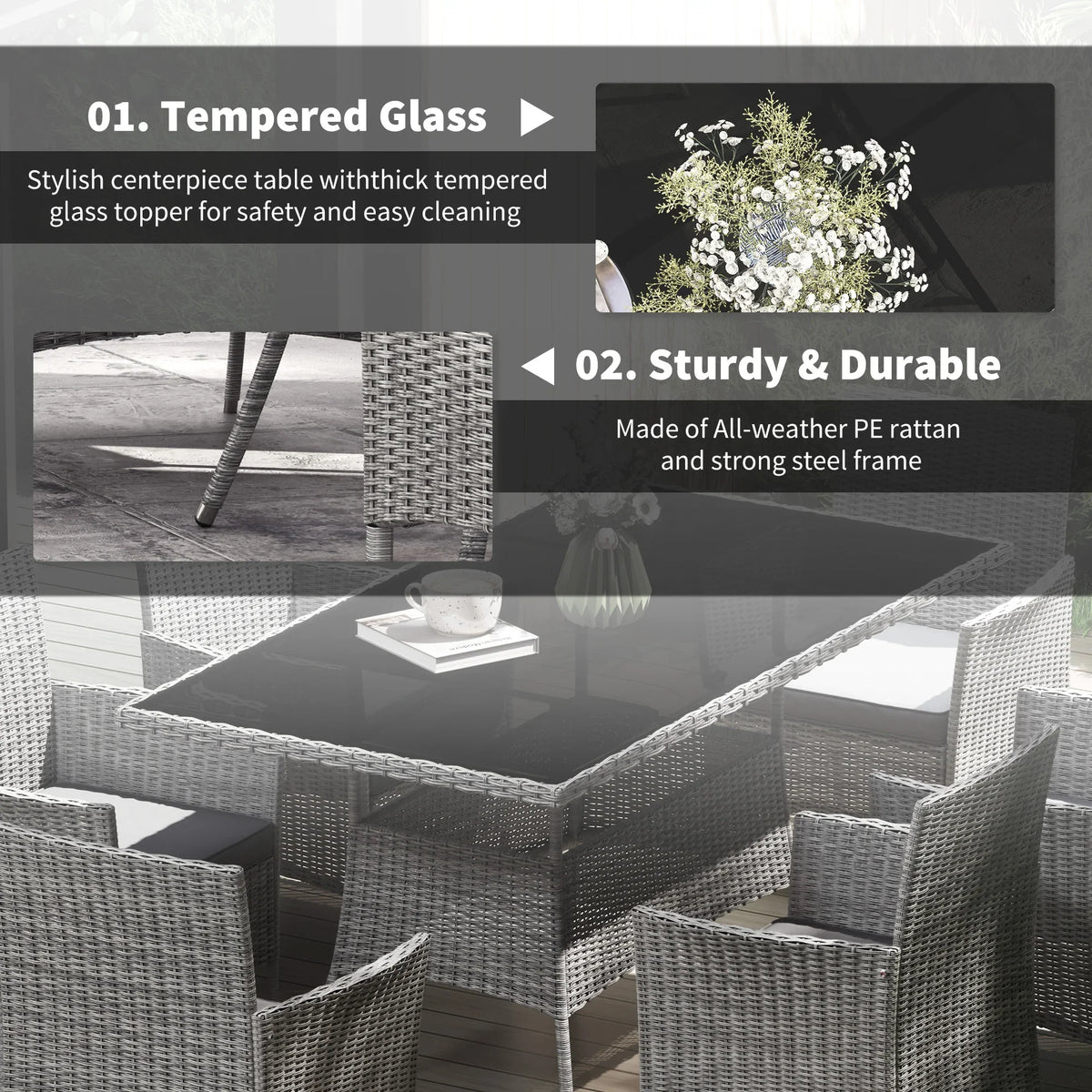 Outsunny charcoal grey rattan dining set with glass-top corner table and armchairs