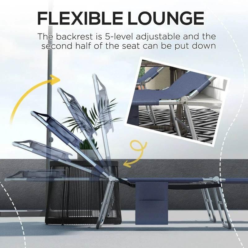 Blue reclining sun lounger with adjustable backrest and silver metal frame legs