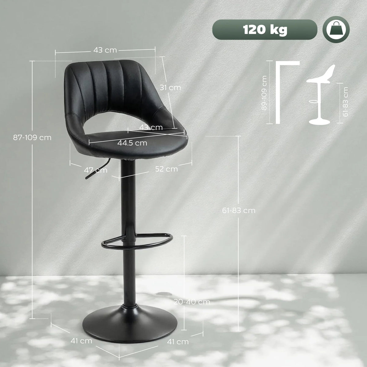 Black faux leather bar stool with curved padded back, round pedestal base, and footrest