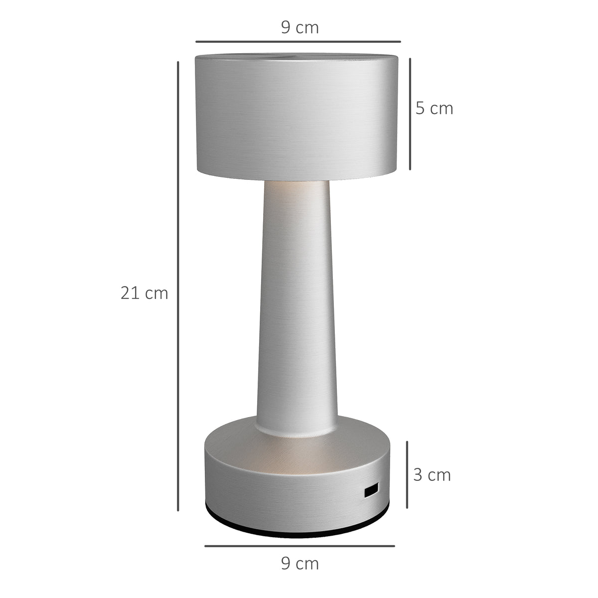 Silver cordless LED desk lamp with drum shade and round base with USB port