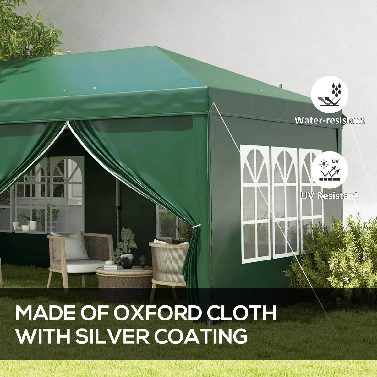Green gazebo tent with side window panels and draped curtain valance