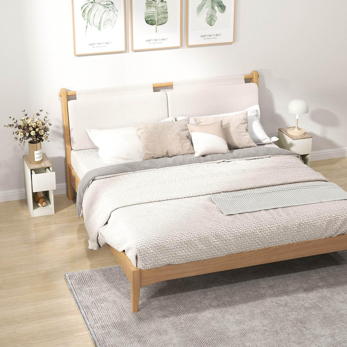 Set of 2 white modern nightstands with drawer and open shelf, light wood top.