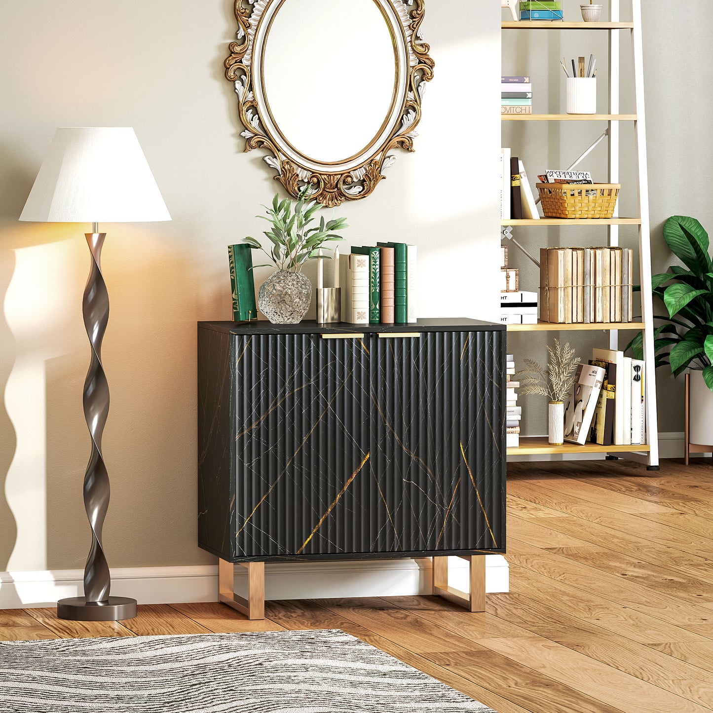 HOMCOM Marble Effect Sideboard Accent Cabinet With Adjustable Shelf Fluted Doors And Drawers Black
