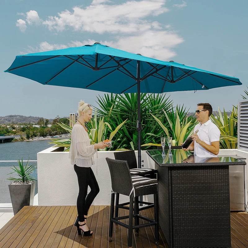 Double-sided patio parasol with teal-blue canopy and black support pole