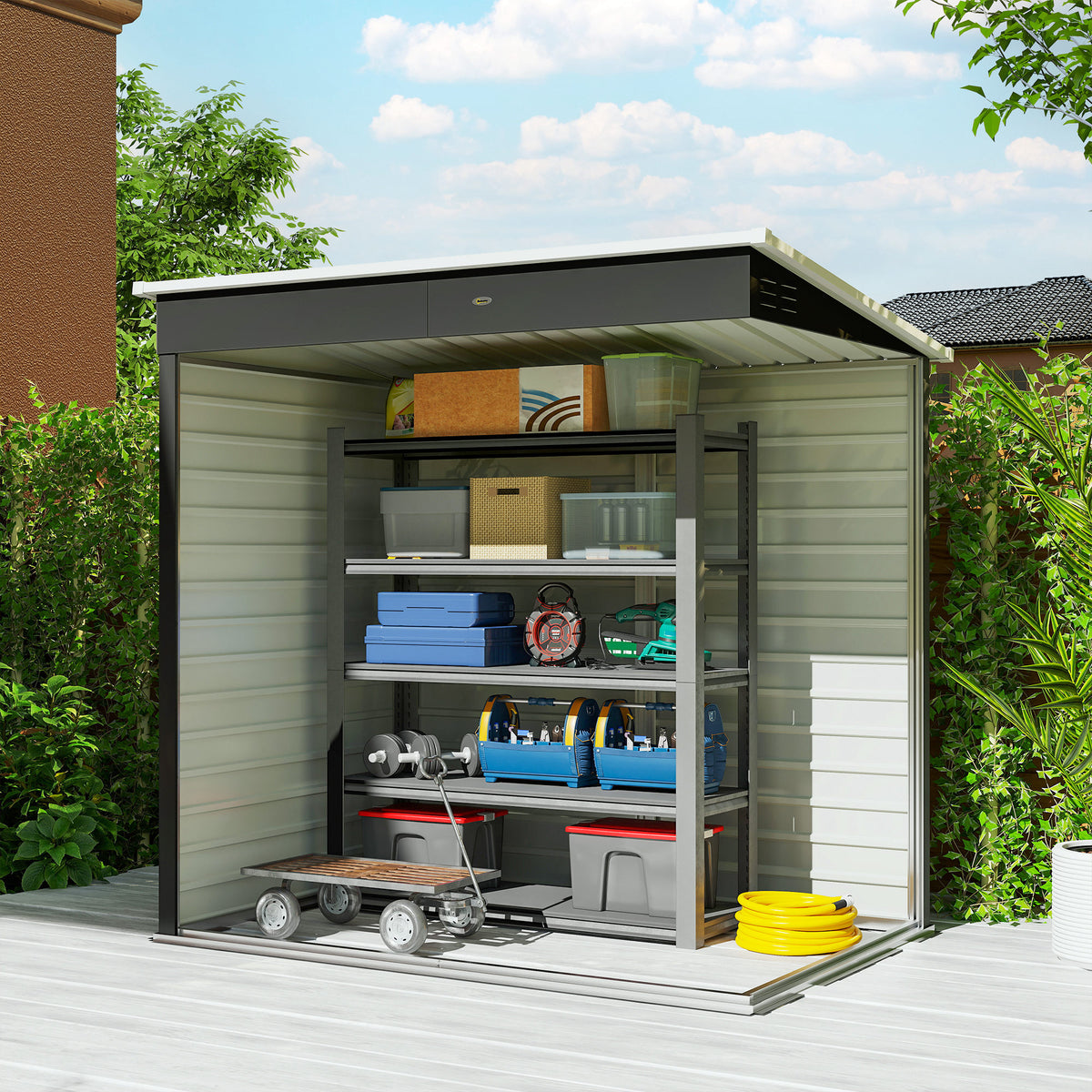 Dark grey metal garden storage shed with open doors and stacked patio tool storage