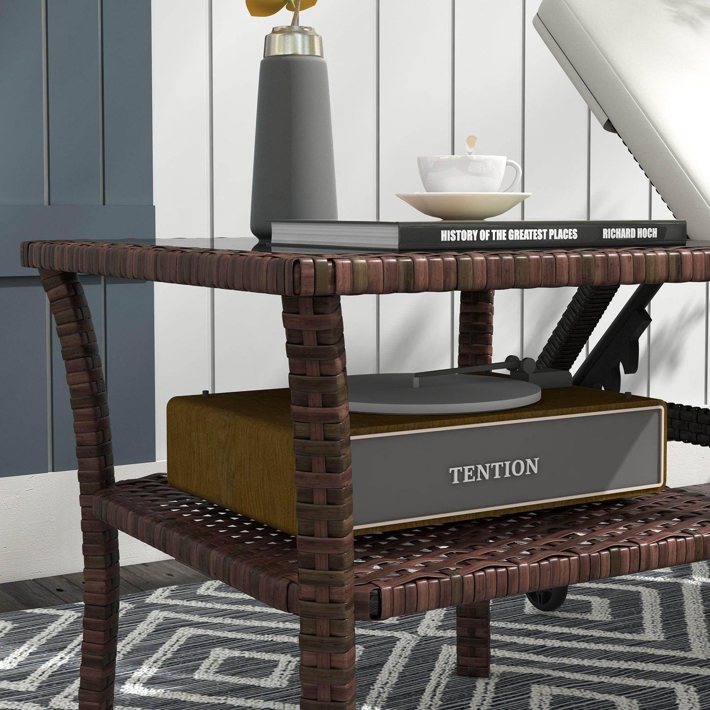 Outsunny 50cm Outdoor PE Rattan Coffee Table, Patio Wicker Two-tier Side Table with Glass Top, for Patio, Garden, Balcony, Brown - ALL4U RETAILER LTD