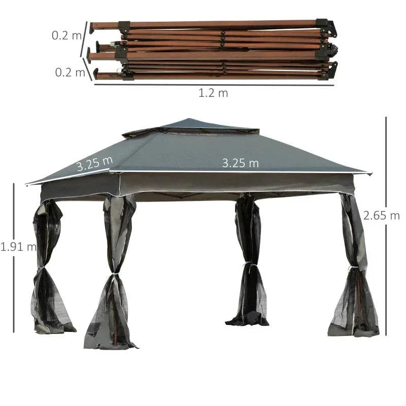 Dark grey pop-up gazebo canopy with four hanging mesh curtains, 3x3m tent