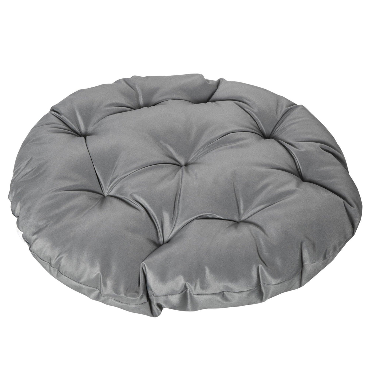 Thick gray round cushion for papasan-style chair, tufted padded surface