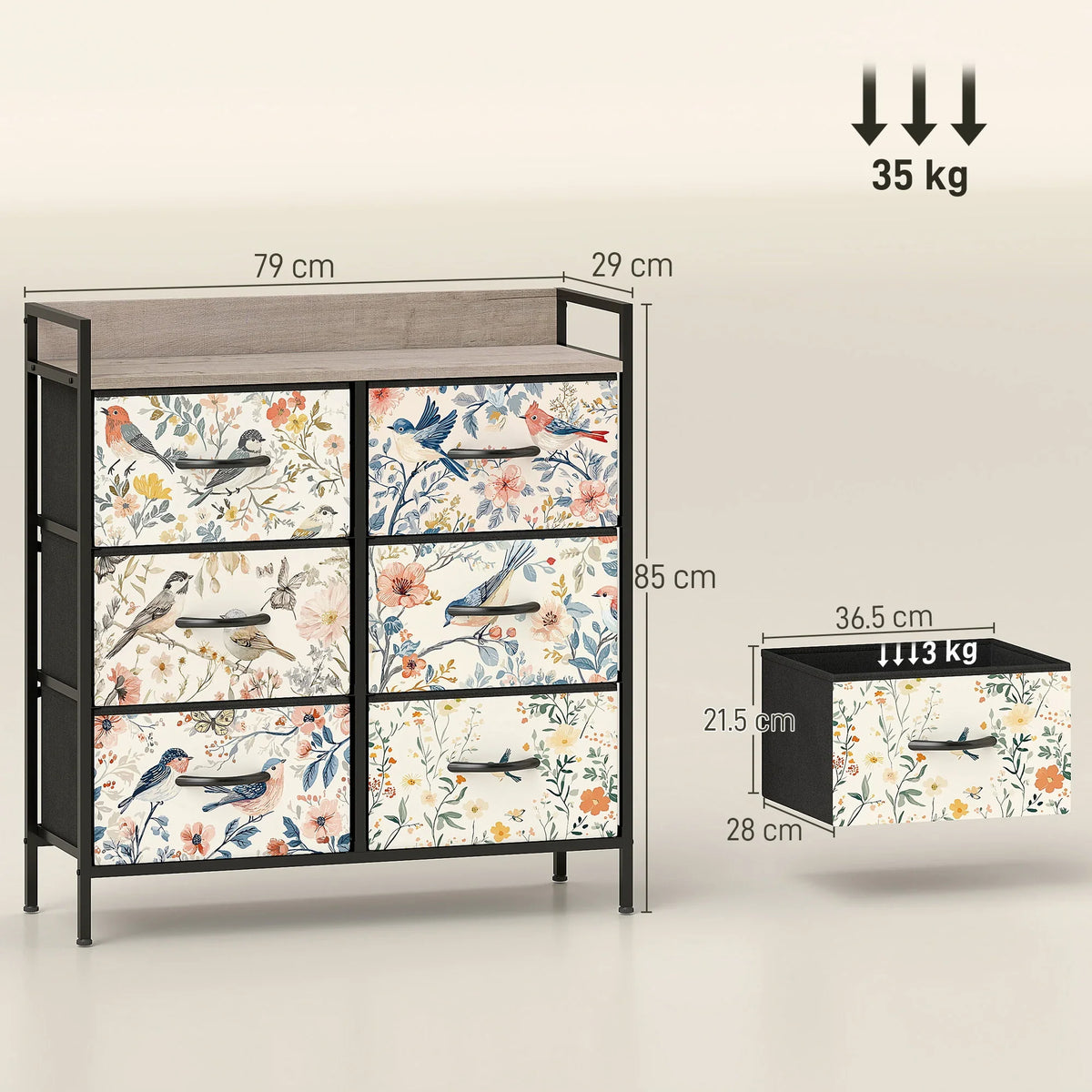White-and-floral fabric drawer chest with black frame, shown with size measurements