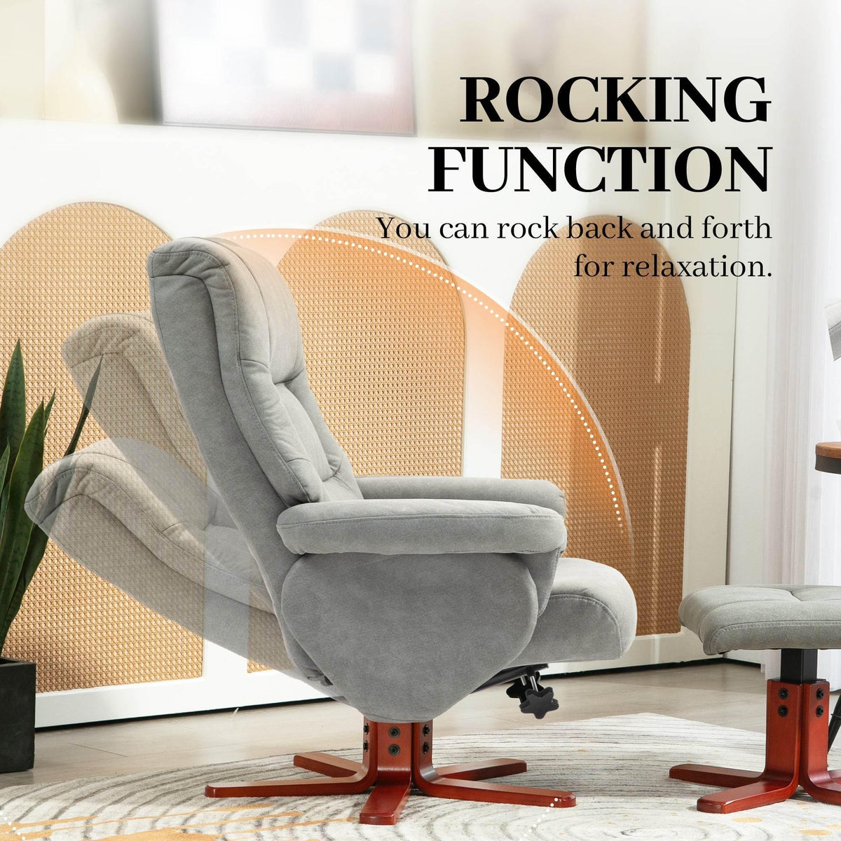 Grey recliner chair with rocking function, cushioned arms and red wooden base.