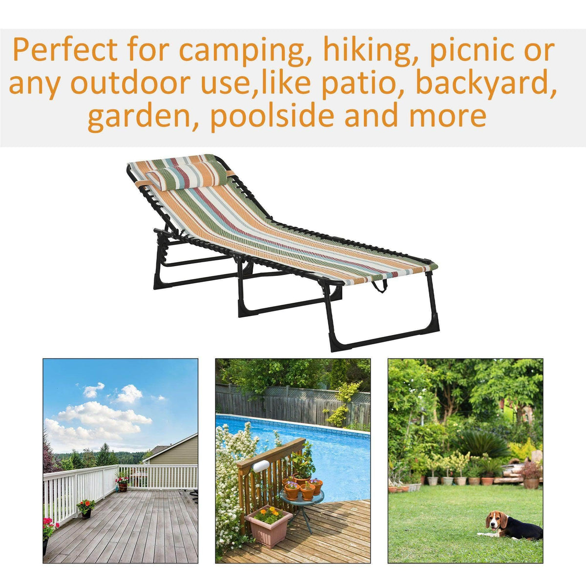 Multicolor striped folding chaise lounge with black frame for outdoor use