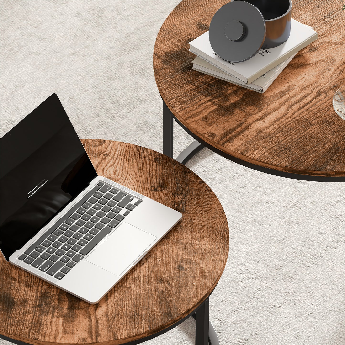 HOMCOM Coffee Table Set of 2 Round Nesting Tables with Metal Frame Rustic Brown Modern Living Room Side Tables