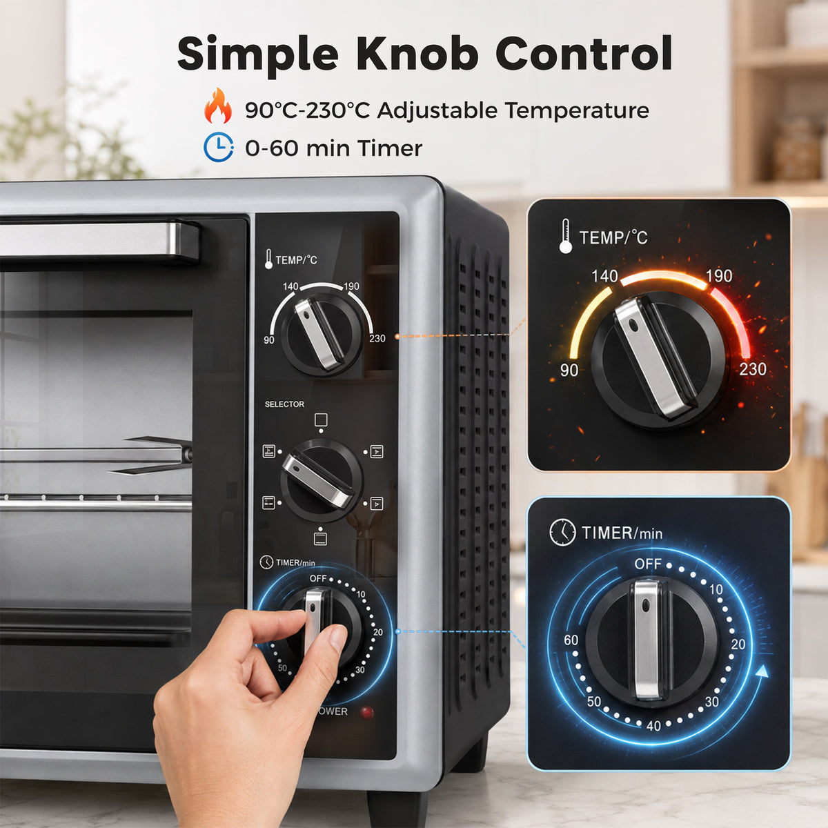 Mini oven knob controls with temperature and timer dials and power LED indicator