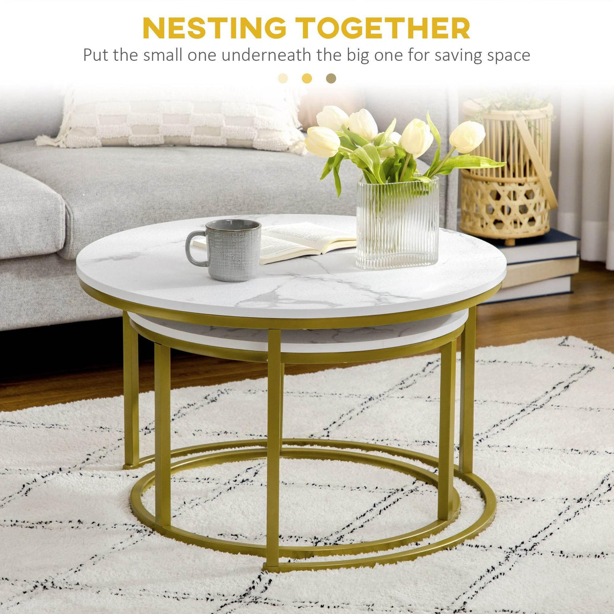 Round faux marble nesting coffee table with gold metal frame and circular base rings