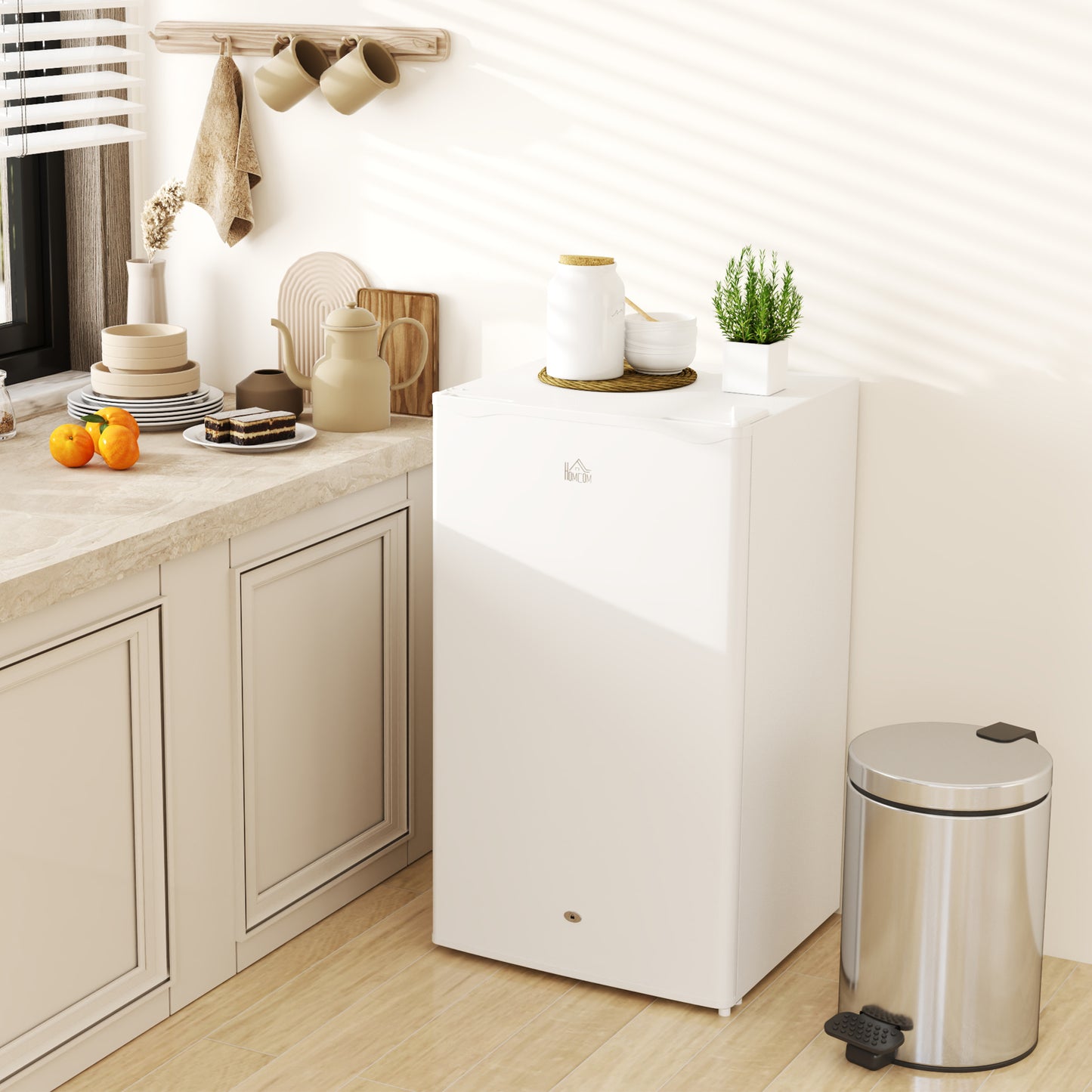 HOMCOM 91L Freestanding Under Counter Fridge With Lock White Compact Small Kitchen Home Office