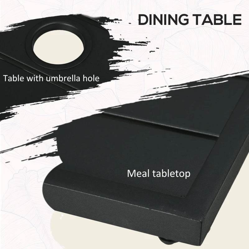Black metal dining table with umbrella hole and textured tabletop surface