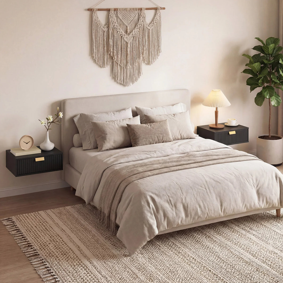 Black floating nightstands set on both sides of bed with drawers