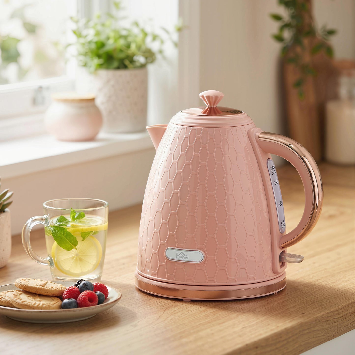 HOMCOM 3kW Rapid Boil Honeycomb Electric Kettle Light Pink With Boil Dry Protection For Quick Tea Coffee