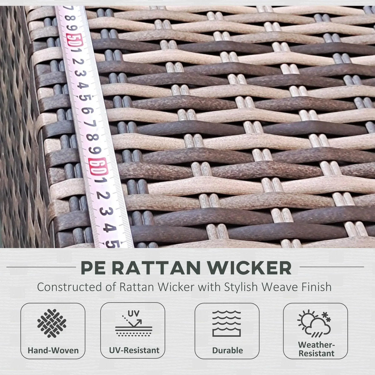Grey PE rattan wicker weave close-up with ruler showing strand thickness