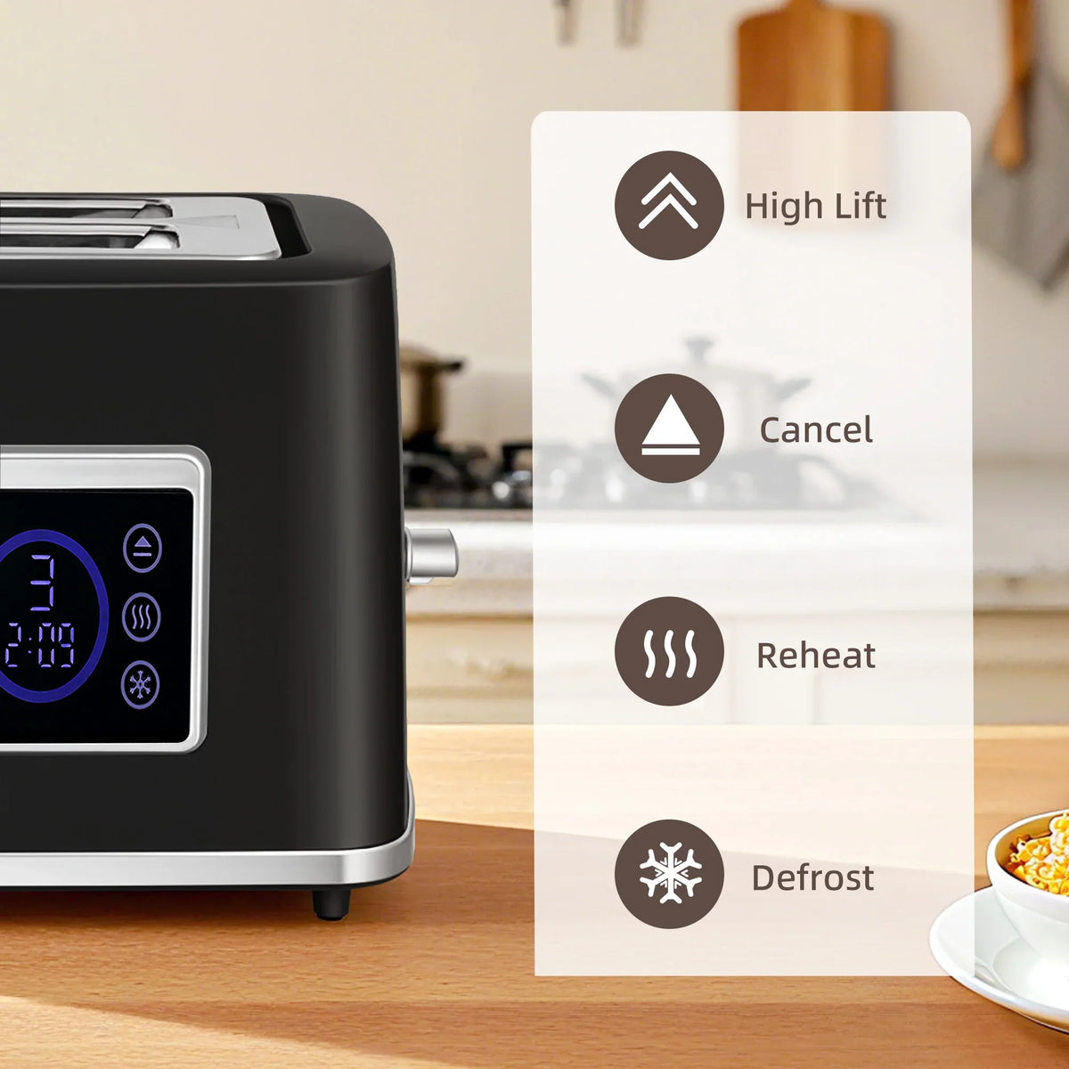 Black toaster with illuminated touch control panel and menu icons for functions