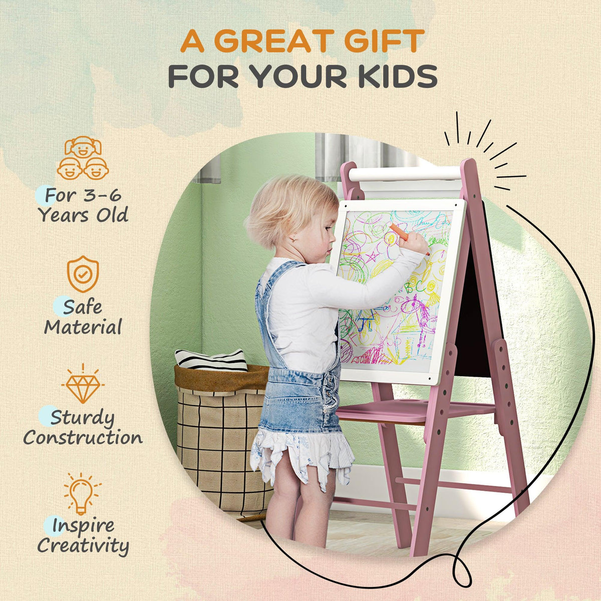 Pink 3-in-1 kids easel with drawing board; child coloring on the white panel