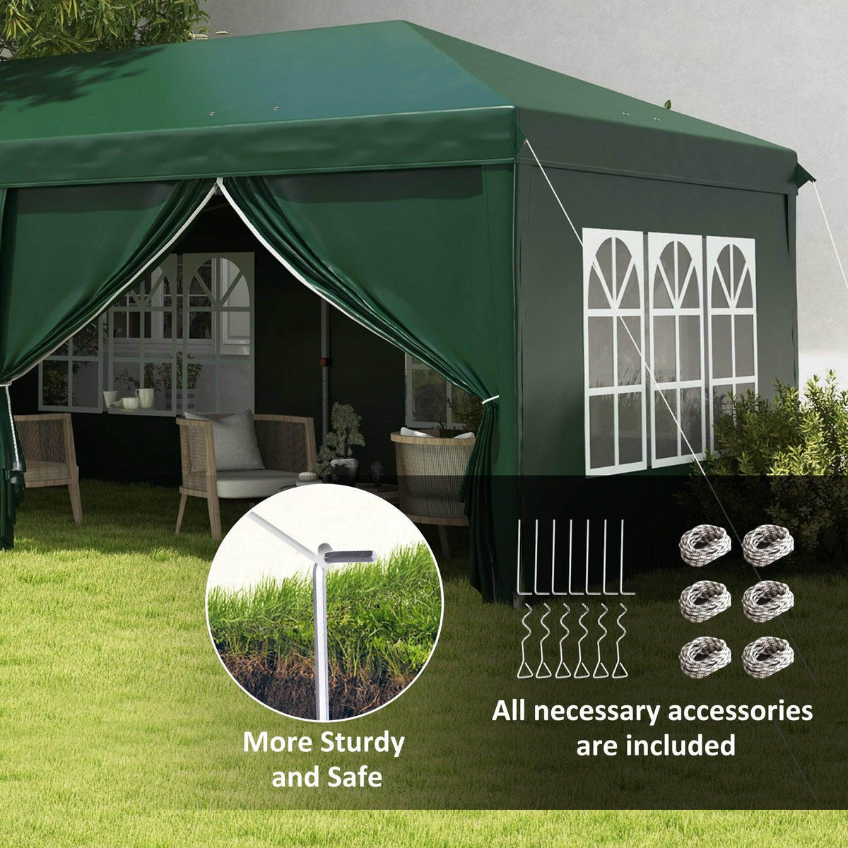Green gazebo tent with side window panels and bundled accessories