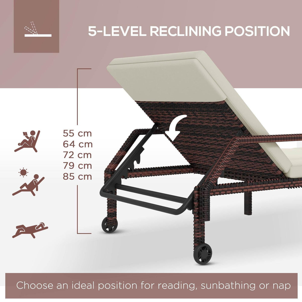 5-level reclining rattan chaise lounger with cream cushion and dark wicker frame on wheels