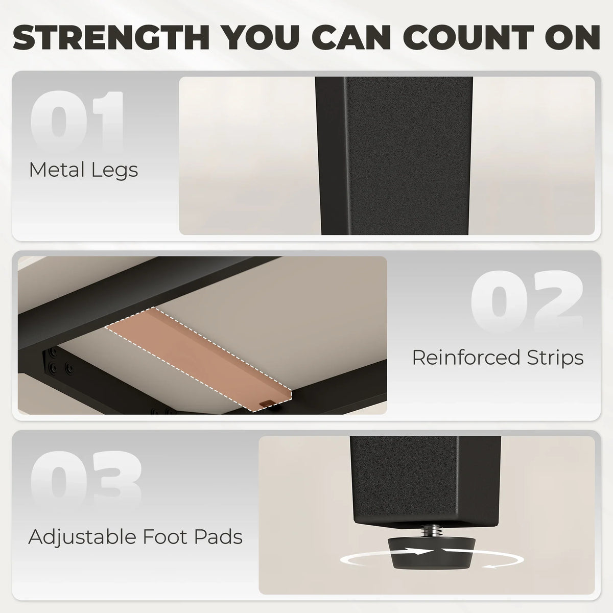 Dining table frame detail: dark metal legs, reinforced supports, adjustable foot pads