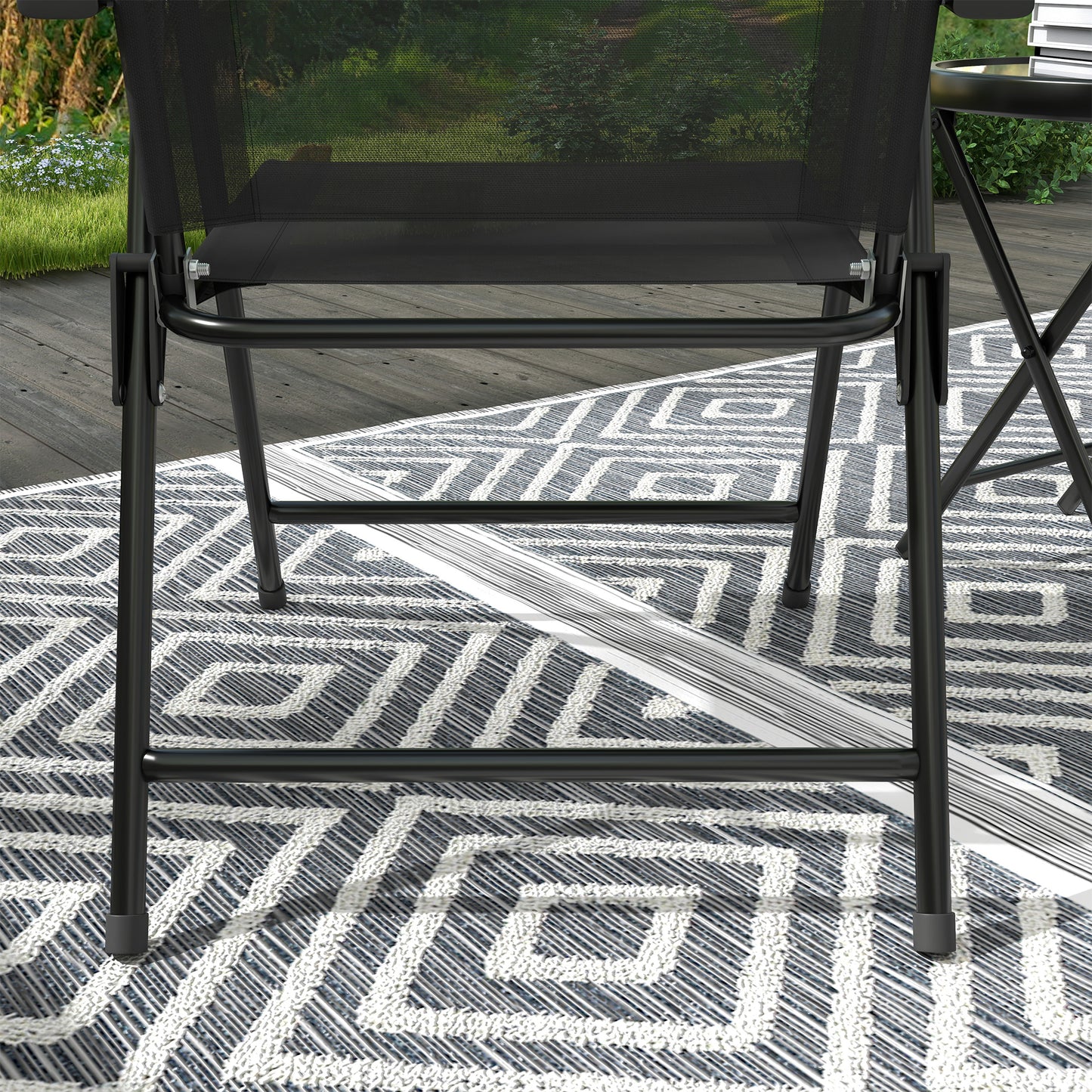 Outsunny Three Piece Foldable Garden Seat Set With Glass Top Table And Chairs Black Powder Coated Metal
