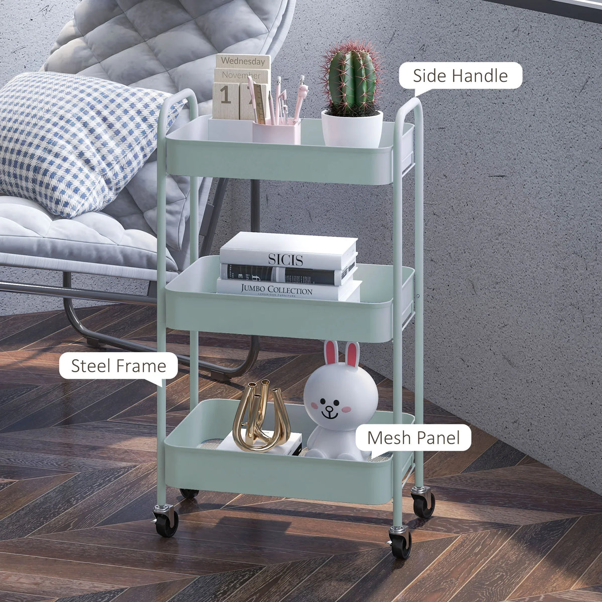 Light blue rolling storage cart with side handle and three open tiers on casters