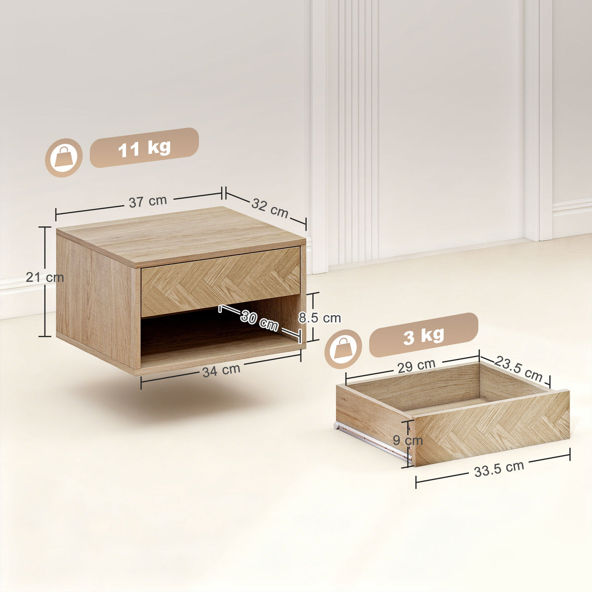 Bedside table dimensions: natural wood cabinet with drawer and open shelf