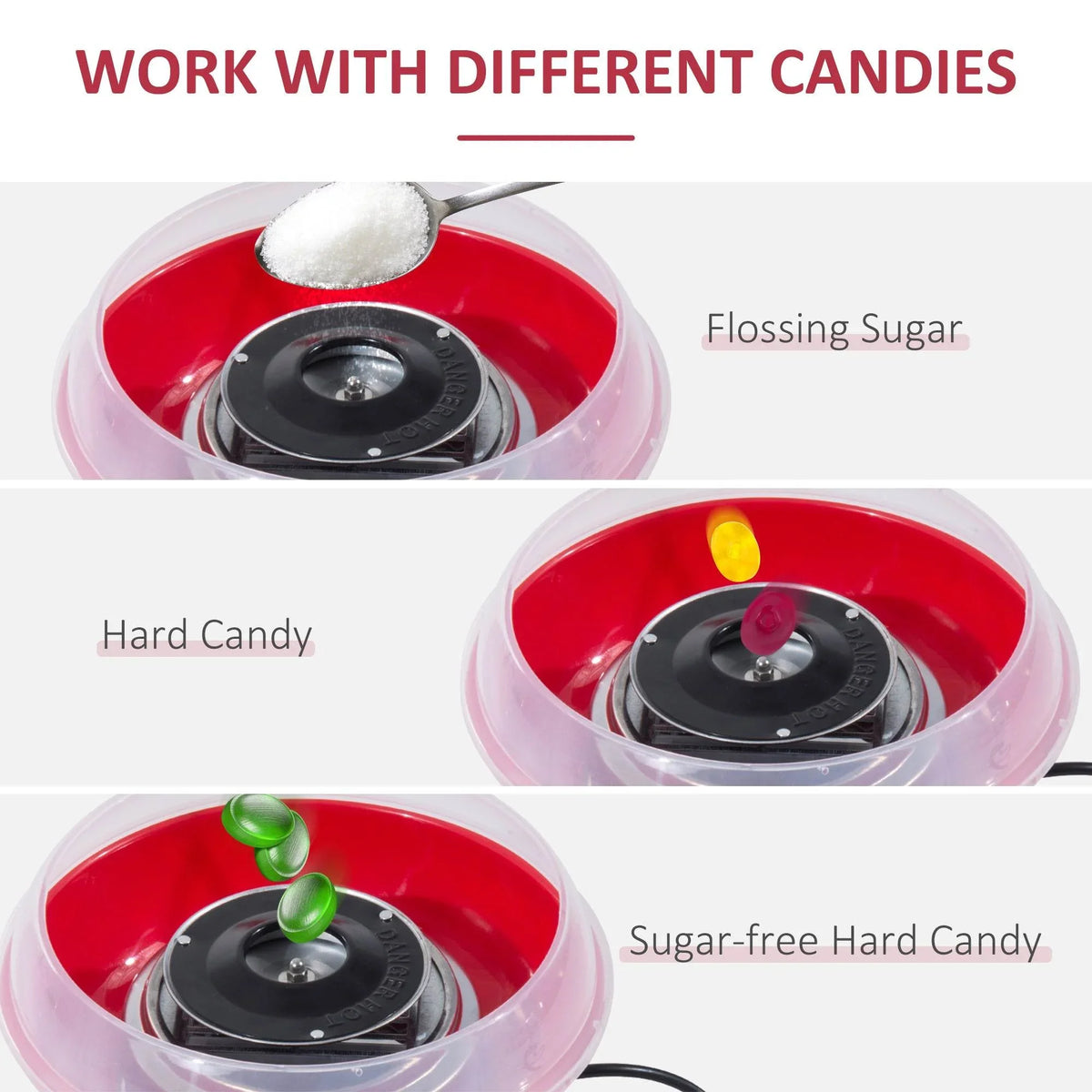 Red cotton candy maker with clear bowl holding a black spinning plate