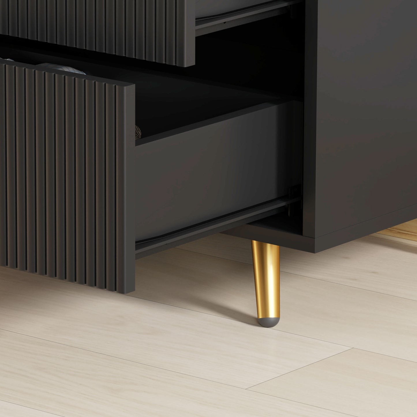 HOMCOM Elegant Four Drawer Bedside Table Black With Ridged Fronts And Gold Handles Nightstand