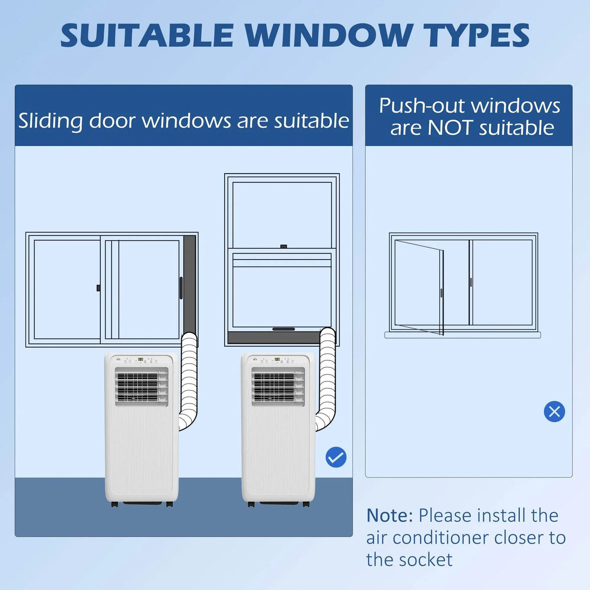 Portable air conditioner placed in a window opening with connected exhaust hose