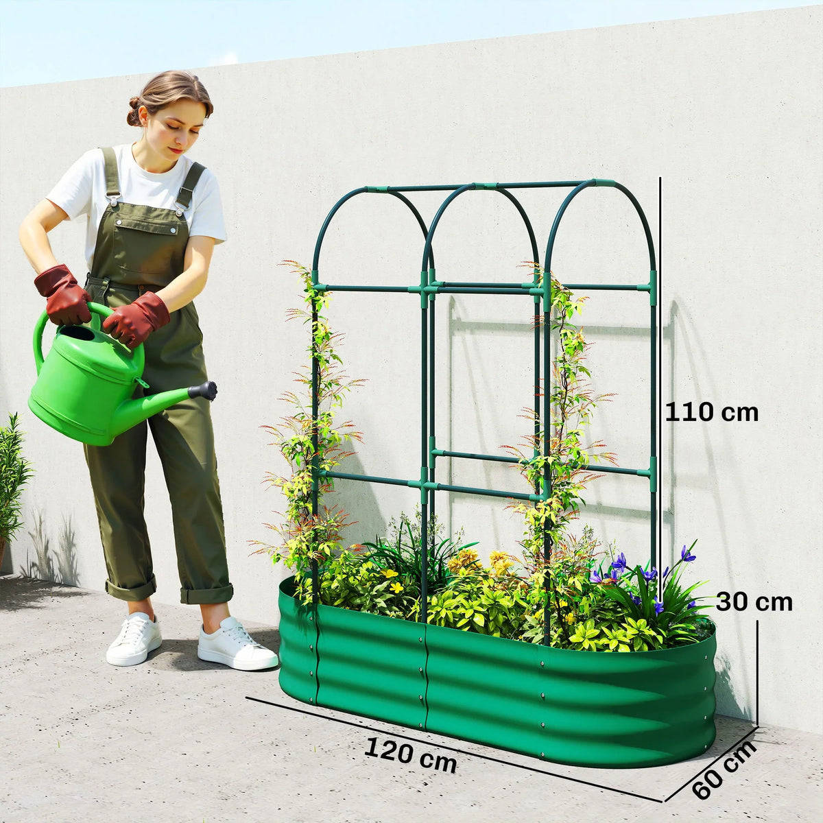 Green raised garden bed planter with arched trellis frame and growing herbs