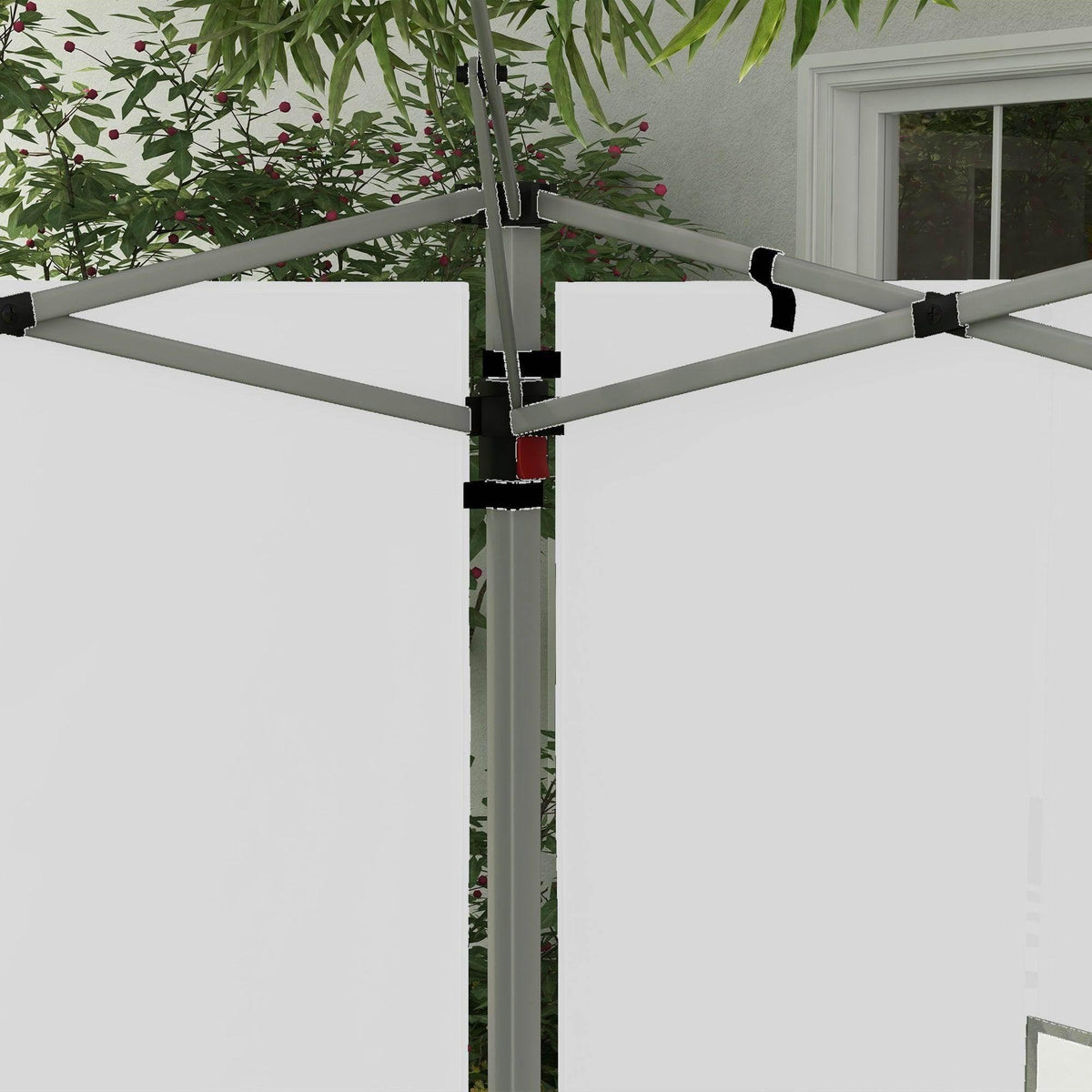 Close-up of white side panel corner with straps and metal frame connectors